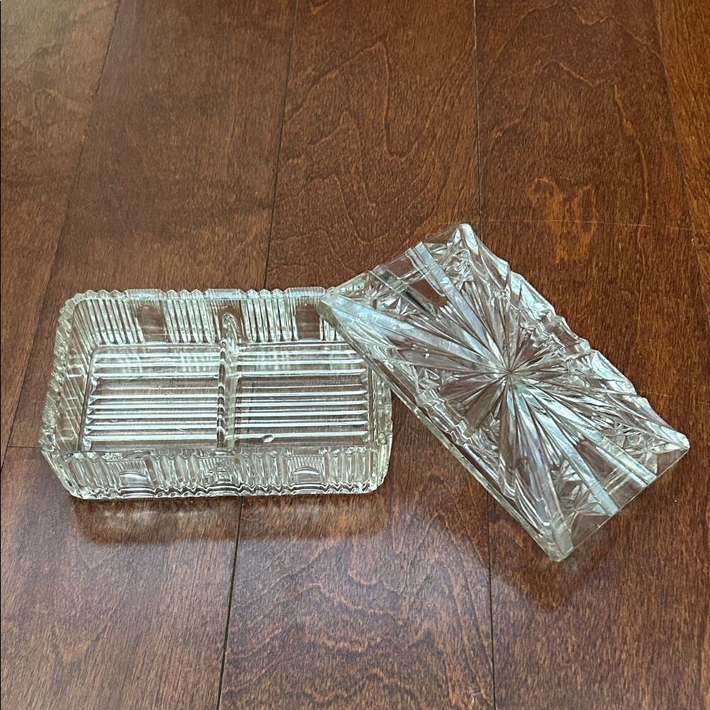 Vintage Clear Glass Jewelry Box or Catch All, Divided into Two Compartments,